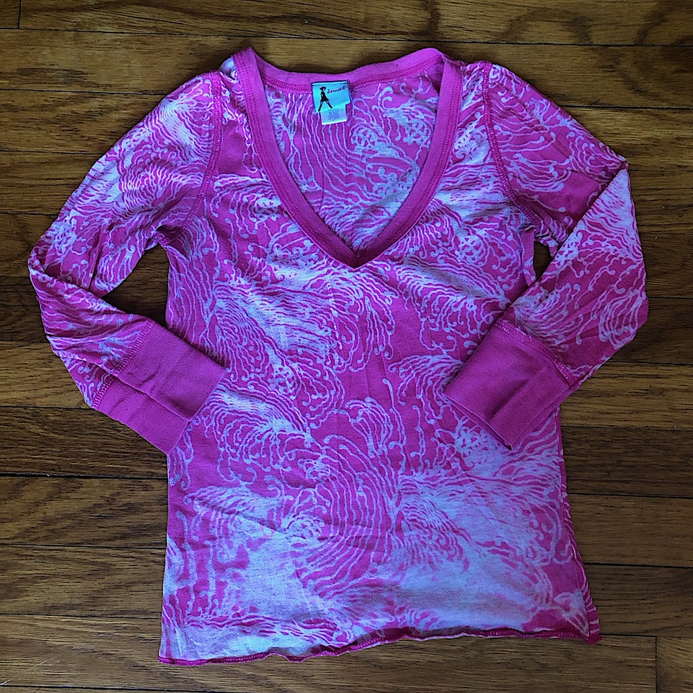 Damsel Y2K 3/4 Sleeve Pink and White Sheer Top